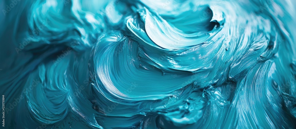Poster a close-up view of swirling turquoise paint with smooth, flowing textures creating an abstract backg