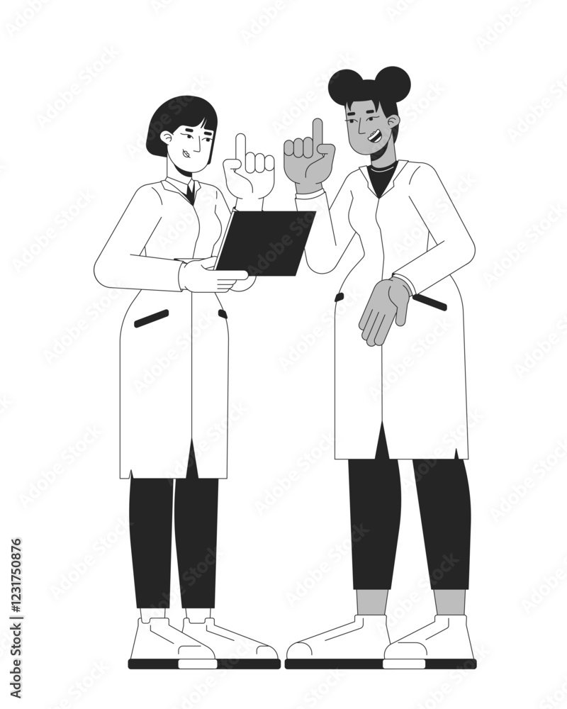 Poster female stem scientists collaborating on research linear illustration. two diverse women in lab coats