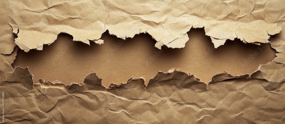 Poster torn brown paper background revealing a text disclaimer, with textured layers of warm browns, creati