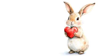Sweet Valentine's Day card with a bunny holding a heart-shaped gift isolated on white background in HD