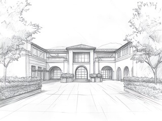 Architectural Sketch of a Grand Mediterranean Style House