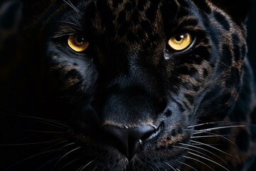 Obraz premium Close up of a majestic black panther showing its intense golden eyes emerging from the dark