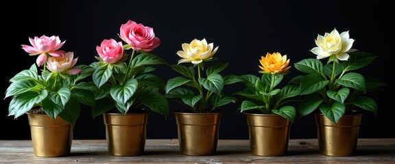 Obraz premium Vibrant Blooming Flowers in Gold Pots Colorful Potted Plants Spring Botany