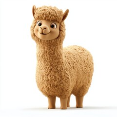 Big fluffy alpaca with a friendly expression and thick wool, placed on a bright white background