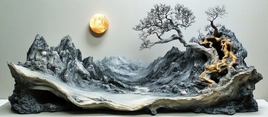 Surrealist sculpture featuring a dreamlike landscape in grayscale with intricate tree details and a...