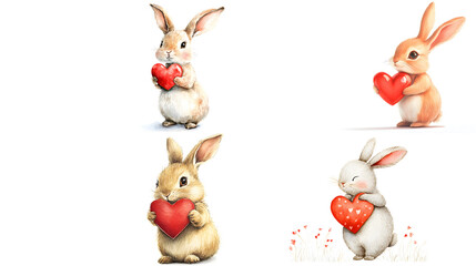 Sweet Valentine's Day card with a bunny holding a heart-shaped gift isolated on white background in HD