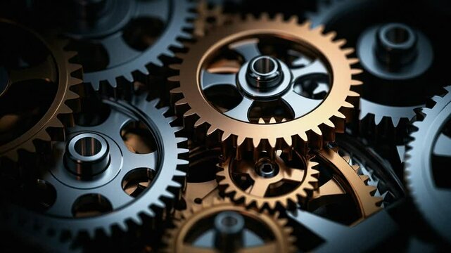 Video showcasing interlocking gears in motion, highlighting mechanical precision and industrial design, captured from a close-up angle.