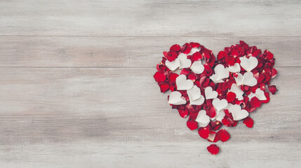 Fototapeta premium Red and white petals arranged in a heart shape on a wooden background. A romantic image perfect for Valentine's Day or an anniversary.