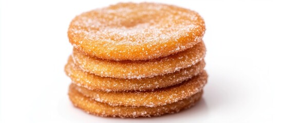 Sugar coated round biscuits stacked in a neat arrangement on a clean white background showcasing their golden color and sweet texture. Perfect for desserts.