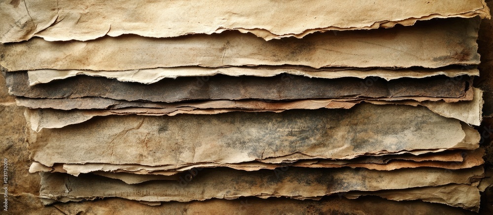 Poster weathered stack of aged paper displaying unique discolored textures in earthy tones with soft light 