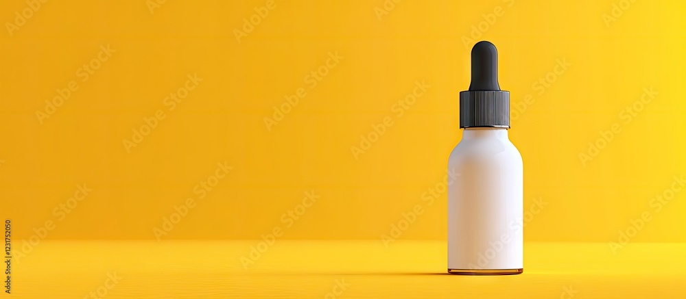 Poster white plastic dropper cap bottle positioned left on a bright yellow background with ample copy space