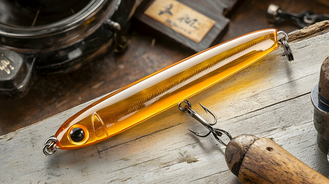 Amber fishing lure on weathered wood, crafting tools in background, for fishing magazine or website
