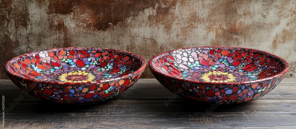 Poster colorful mosaic decorative bowls displayed side by side on weathered wooden surface with a rustic te
