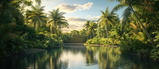 Obraz premium Serene river landscape in a tropical setting with lush green palm trees reflecting in calm water under soft golden sunlight and blue sky