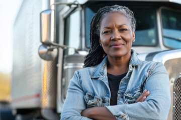 Confident authentic woman truck driver standing proudly in front of the truck, arms crossed