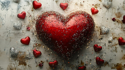 Valentine's Day card with a big red heart surrounded by smaller hearts and sparkles isolated on white background in HD