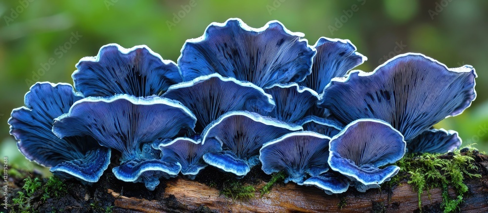 Poster blue mushrooms displaying vibrant caps in layered formations atop a moss-covered log with soft bokeh