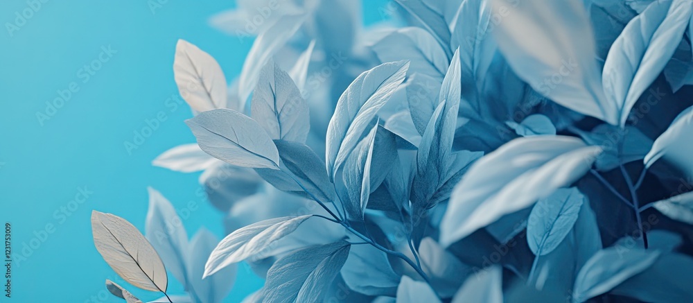Poster blue toned banner featuring soft overlapping leaves with ample copy space creating a serene environm
