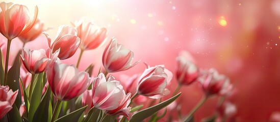 Vibrant blooming pink tulips in soft focus with a dreamy pink background and warm bokeh lights creating a serene and romantic atmosphere.