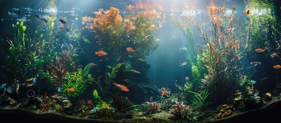 Obraz premium Serene underwater aquarium environment with vibrant sunset hues, diverse aquatic plants, and various colorful fish, creating a tranquil atmosphere.