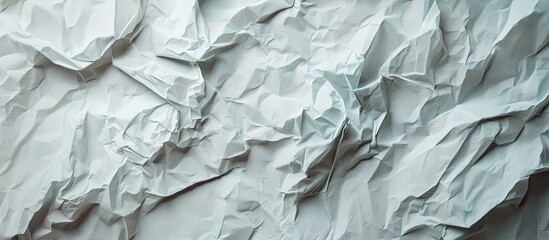 Fototapeta premium Crumpled white paper texture with various shades of gray creating depth, prominently in the center with contrasting shadows and highlights.