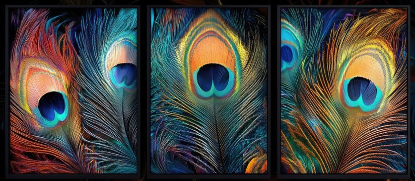 Vibrant peacock feather close-ups in vivid blues, greens, and oranges arranged in three vertical panels showcasing intricate patterns and textures.