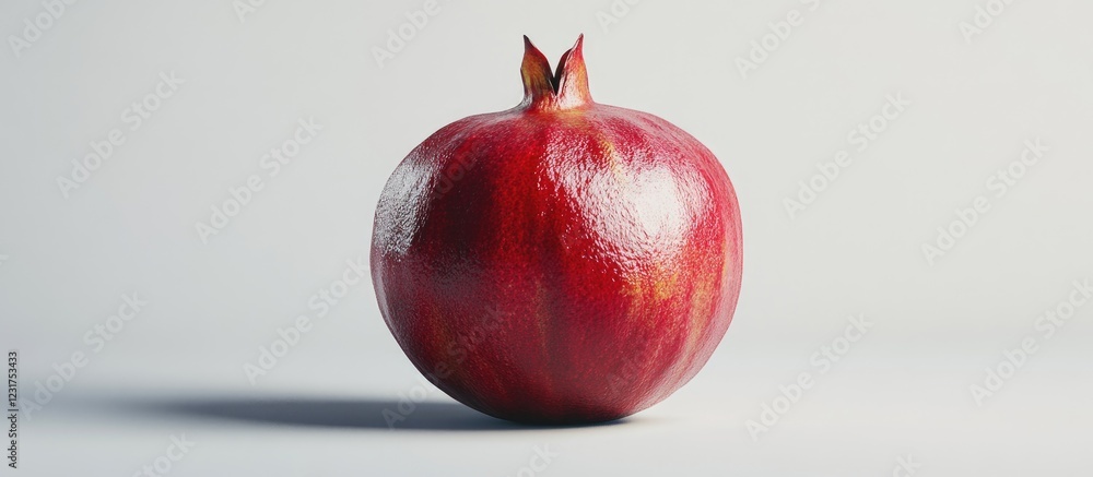 Poster ripe pomegranate with deep red skin placed on a soft grey background, emphasizing its vibrant color 