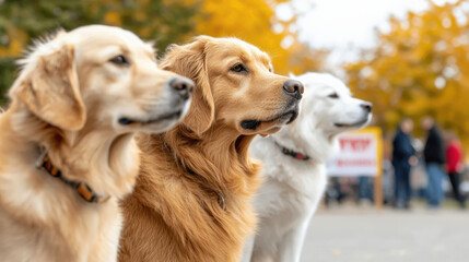 Obraz premium Three dogs, two golden retrievers and one white dog, sit side by side outdoors with autumn leaves in the background.
