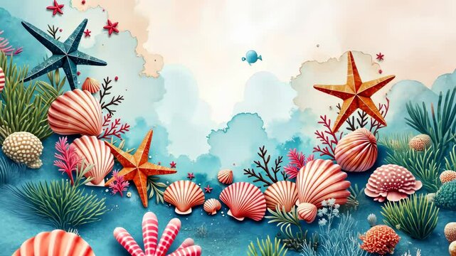 A colorful background with a few stars and a bunch of shells. The shells are pink and orange