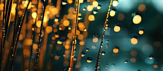 Water droplets on glass create a mesmerizing view with golden and green tones highlighting blurred reeds in a serene nature scene.