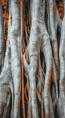 Intricate tree roots, textured bark, orange foliage background, botanical detail, nature wallpaper