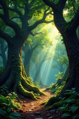 Ancient gnarled trees, sunlight dappling forest floor, magical dust motes , enchanted, serene, photography