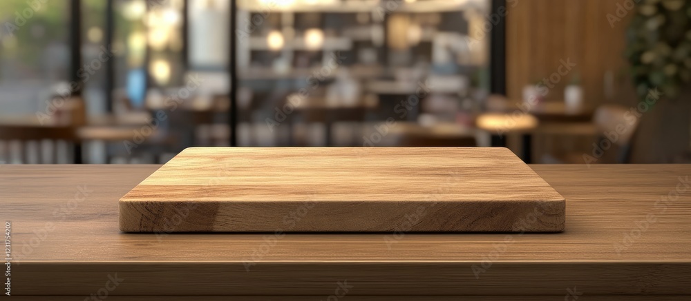 Aufkleber wooden display board on a polished table in a blurred cafe setting with warm wood tones and natural 