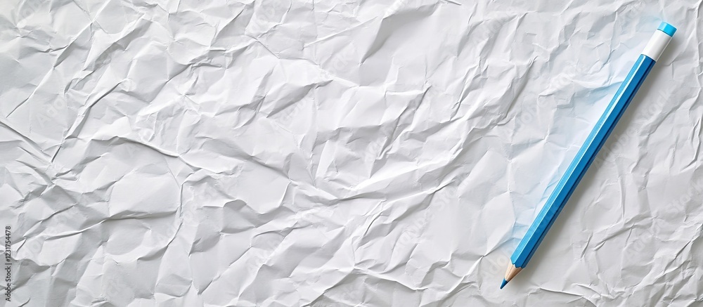Poster creative workspace with a wrinkled white paper background featuring a blue marker positioned on the 