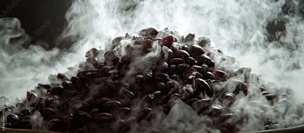 Poster steaming pile of glossy burnt beans in dark setting with wisps of gray smoke rising creating an intr