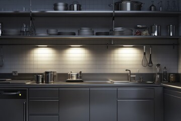 Kitchen, interior, with shelves, pots, and dishes. For cooking, recipes, kitchenware, or interior design