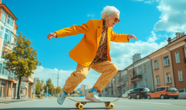 Elderly woman skateboarding on the streets, generated ai