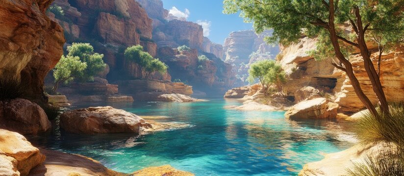 Lush canyon landscape featuring crystal clear blue waters surrounded by vibrant greenery and majestic rock formations under a bright blue sky. - Powered by Adobe