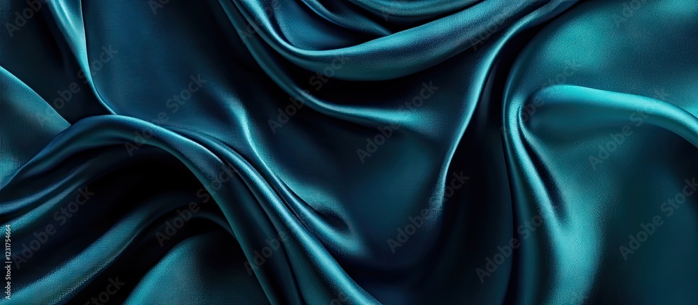 Poster teal and navy blue silk waves create an elegant abstract design with smooth folds and a glossy finis