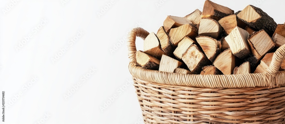 Poster straw basket overflowing with neatly arranged firewood positioned on the right against a clean white