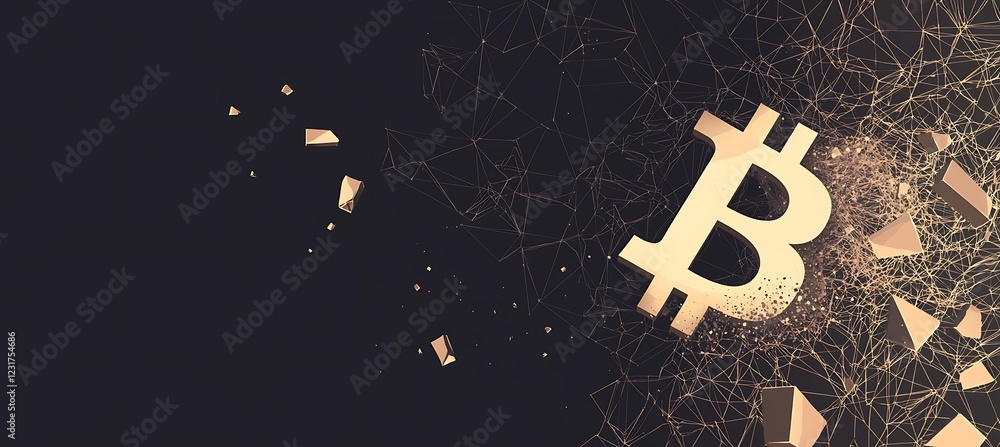 Poster deconstructing bitcoin: a digital currency symbol disintegrating into geometric fragments.