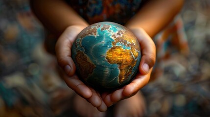 A child's hands hold a globe depicting the continents and oceans, representing a vision of peace, environmental protection and global unity for a better world.