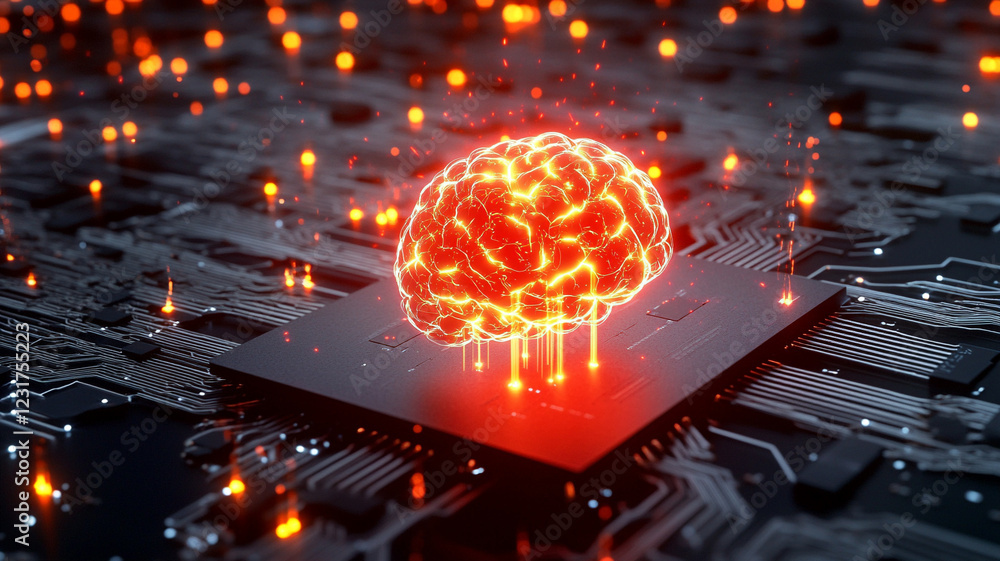 Poster glowing brain on microchip an abstract artificial intelligence illustration