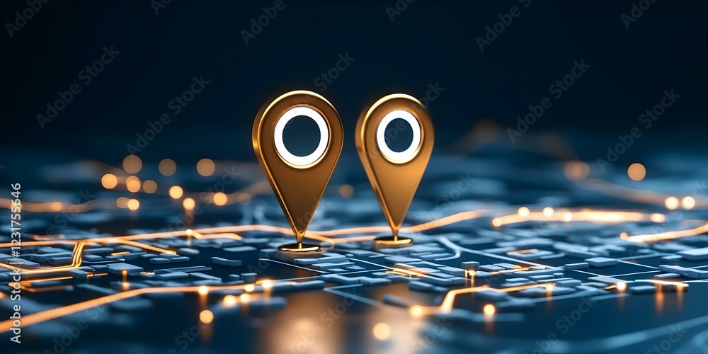 Poster two glowing location pins on a stylized map, surrounded by illuminated pathways, suggesting navigati