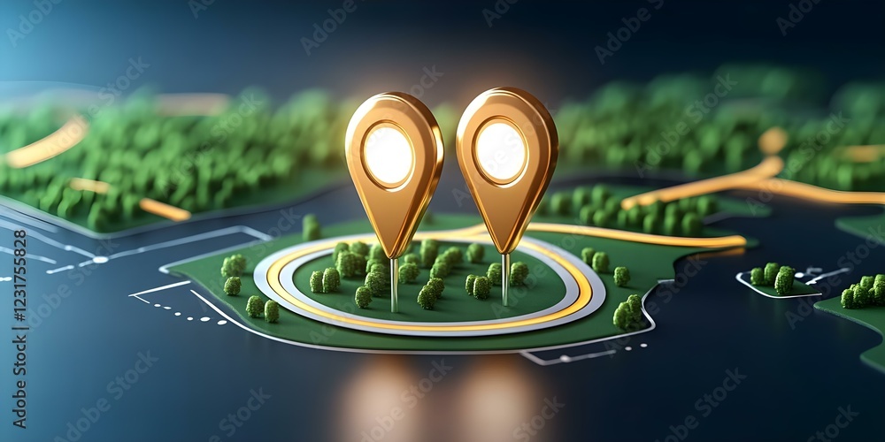 Poster a stylized map featuring two golden location pins, surrounded by green trees and winding roads, repr
