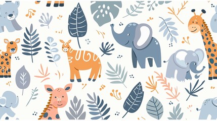 Obraz premium navy ocean safari animals safari animal and leaf mix