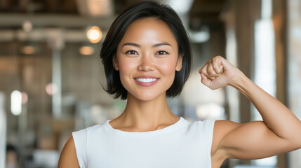 Confident asian woman showcasing strength and empowerment, symbolizing the essence of international women's day. Bright smile and strong pose convey determination and resilience