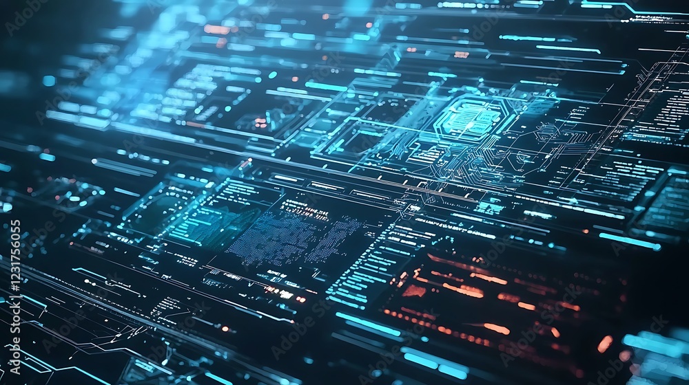 Poster abstract futuristic digital interface with glowing circuitry and data streams