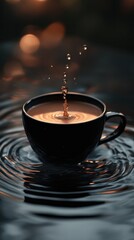 A refined coffee cup in bold black tones, hovering over animated water ripples and splashes, highlighted by dramatic studio lighting.