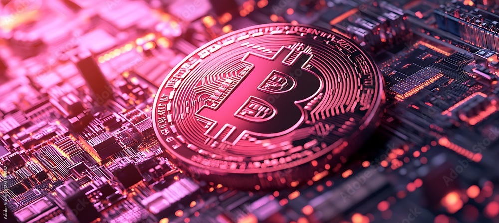 Poster a close-up of a bitcoin resting on a glowing circuit board.
